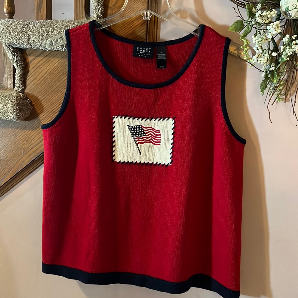 Red Sleeveless Knit Sweater Tank with Flag Patch